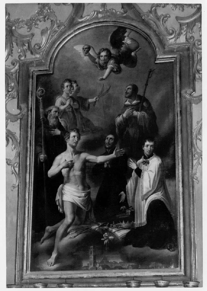 San Sebastiano, Sant'Antonio Abate, San Gervasio, San Protasio, San Luigi Gonzaga, San Gaetano Thiene e San Rocco (dipinto) di Manzini Luigi (sec. XIX)