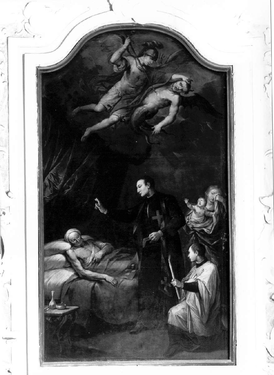 San Camillo De' Lellis assiste gli infermi; San Michele Arcangelo combatte contro Satana (dipinto) di Vellani Francesco (sec. XVIII)