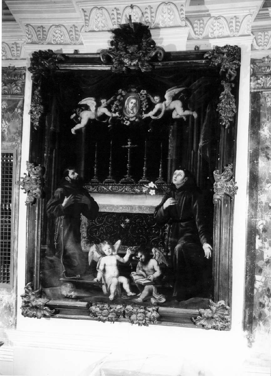 San Francesco d'Assisi e San Francesco da Padova adorano l'immagine della Madonna portata dagli angeli (dipinto) - ambito modenese (metà sec. XVII)