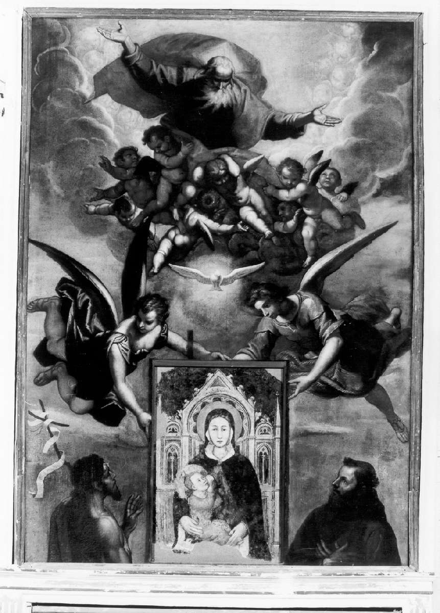 San Giovanni Battista, San Francesco d'Assisi, Dio Padre e angeli che portano l'immagine della Madonna (dipinto) di Peranda Santo (attribuito) (sec. XVII)