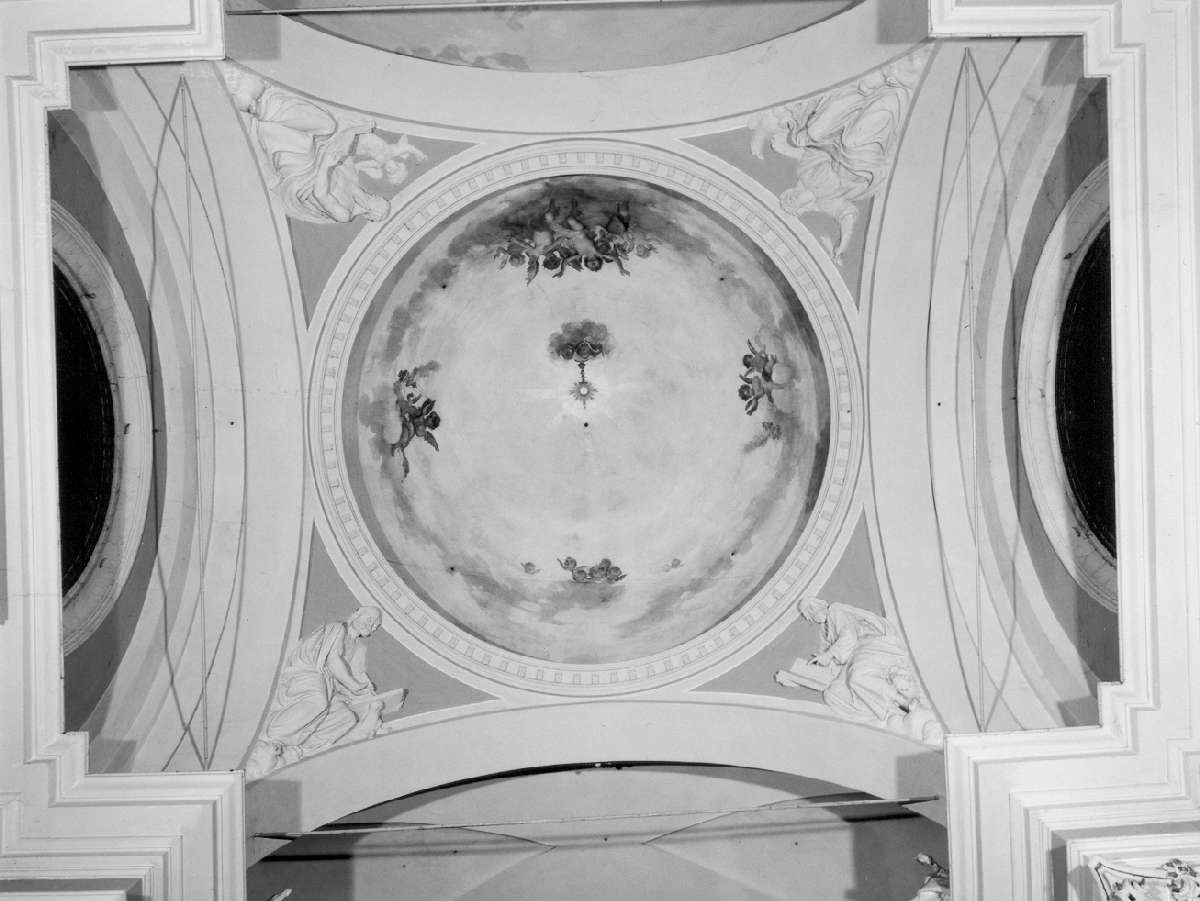 quattro evangelisti; putti reggilampada (decorazione plastica, elemento d'insieme) - ambito emiliano (sec. XIX)