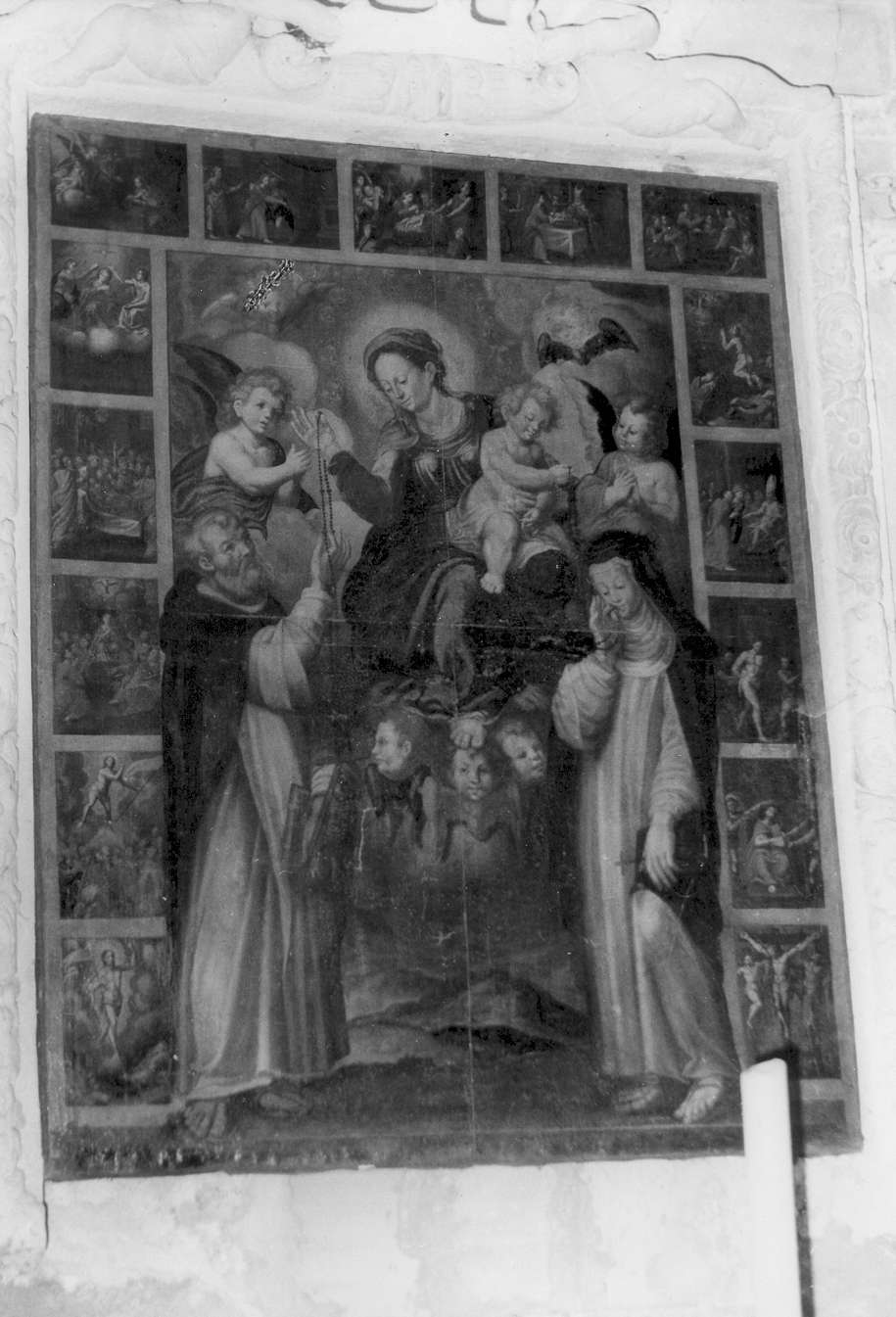 Madonna del Rosario con San Domenico Santa Caterina da Siena e misteri del Rosario (dipinto) - ambito emiliano (sec. XVII)