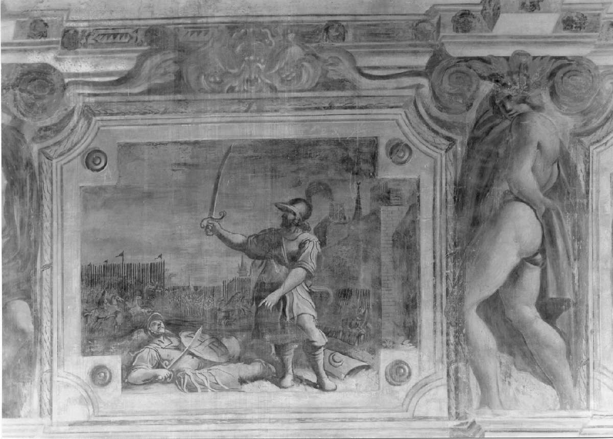 Argante mostra la spada con cui ha ucciso Dudone (dipinto, elemento d'insieme) di Battistelli Pier Francesco (e aiuti) (sec. XVII)