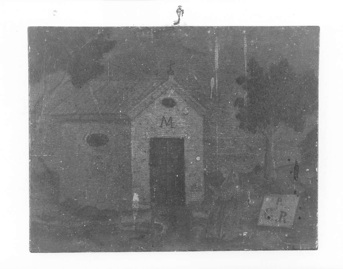 figura femminile in preghiera di fronte all'oratorio della Madonna del Rosario (ex voto) - ambito reggiano (seconda metà sec. XIX)