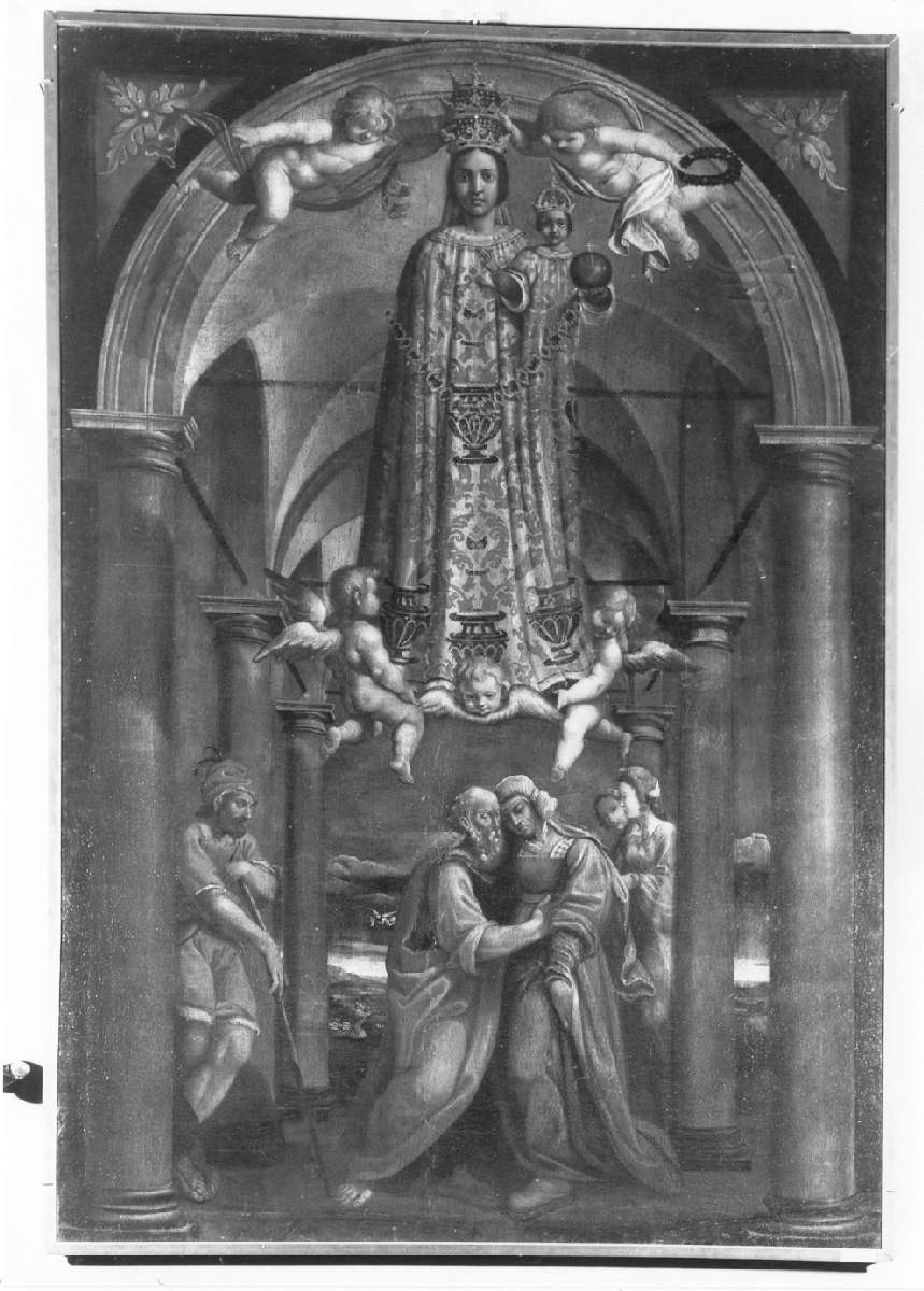 Madonna di Loreto portata in cielo da angeli; Incontro tra Gioacchino e Maria (dipinto) - ambito umbro-marchigiano (metà sec. XVII)