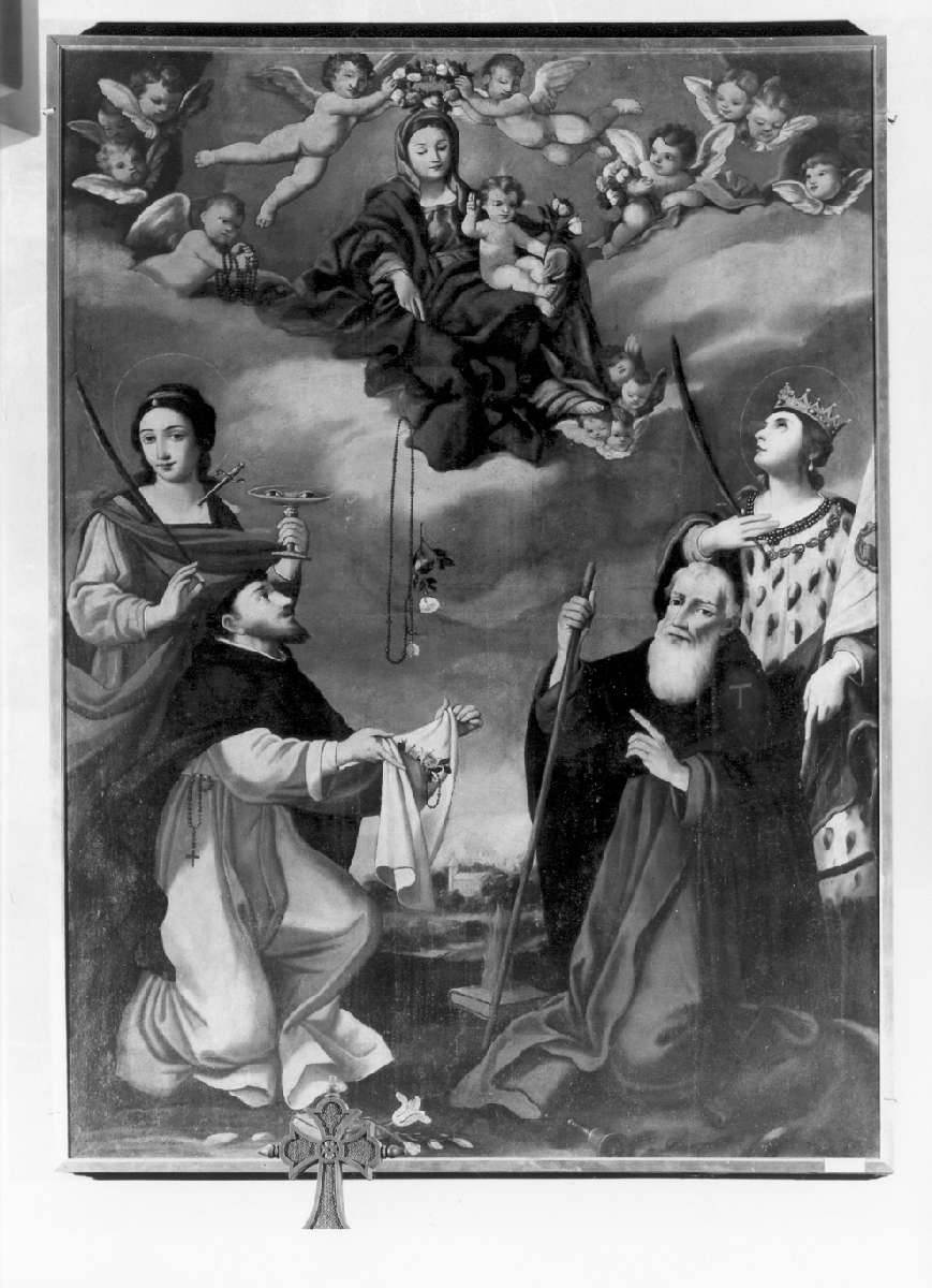 Madonna del Rosario con Santa Lucia, San Domenico, Sant'Antonio abate e San Luigi di Francia (dipinto) - ambito emiliano (sec. XVII)