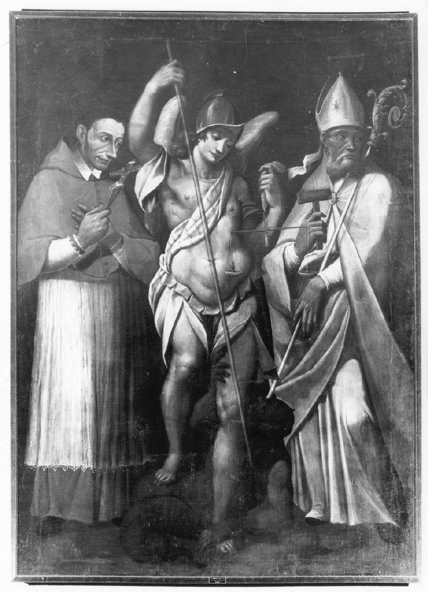 San Carlo Borromeo, San Michele Arcangelo e Sant'Erasmo vescovo (dipinto) - ambito emiliano (seconda metà sec. XVII)