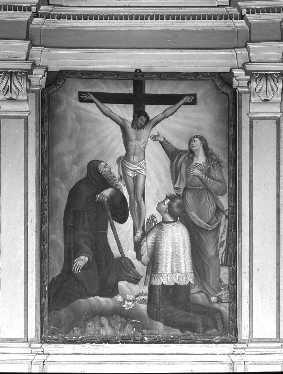 Cristo crocifisso con Santa Maria Maddalena, San Luigi Gonzaga, Sant'Antonio Abate e anime purganti (dipinto) - ambito modenese (primo quarto sec. XX)