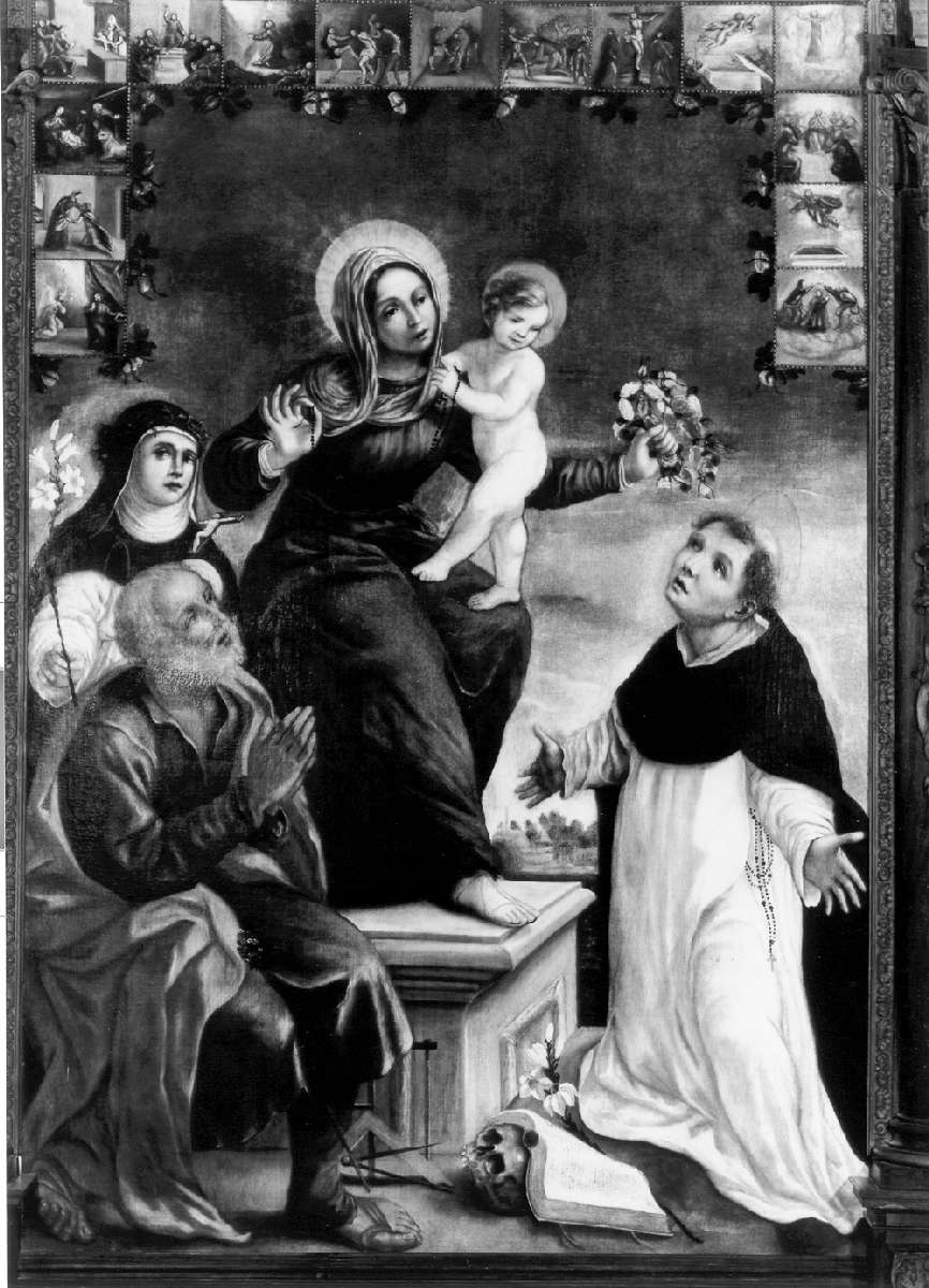 Madonna del Rosario con Santa Caterina da Siena, San Giuseppe e San Domenico; misteri del Rosario (dipinto) - ambito emiliano (seconda metà sec. XVII)