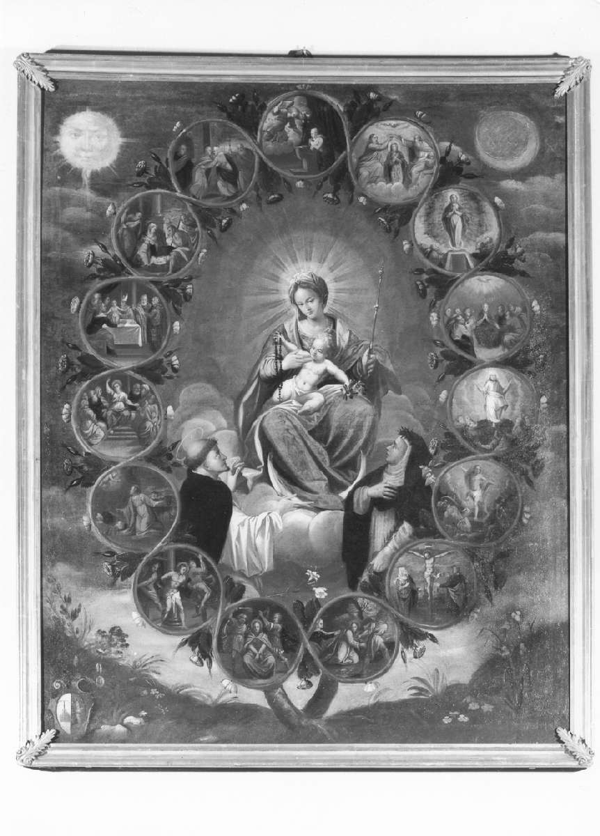 Madonna del Rosario con San Domenico e Santa Caterina da Siena; misteri del Rosario (dipinto) - ambito reggiano (seconda metà sec. XVII)