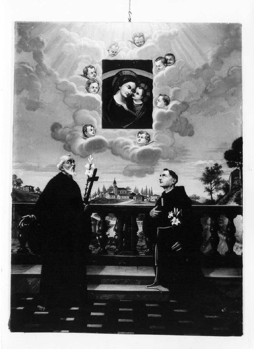 Madonna del Buon Consiglio portata da angeli e adorata da santo francescano e Sant'Antonio da Padova (dipinto) di Ricciotti Giovanni (sec. XX)