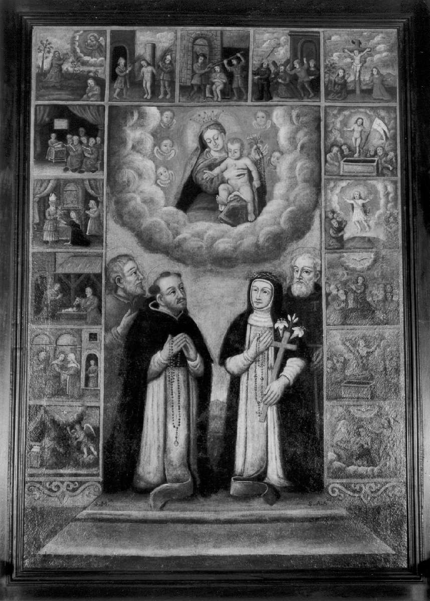 Madonna del Rosario con San Giuseppe, San Domenico, Santa Caterina da Siena e Sant'Antonio Abate; misteri del Rosario (dipinto) - ambito reggiano (seconda metà sec. XVII)