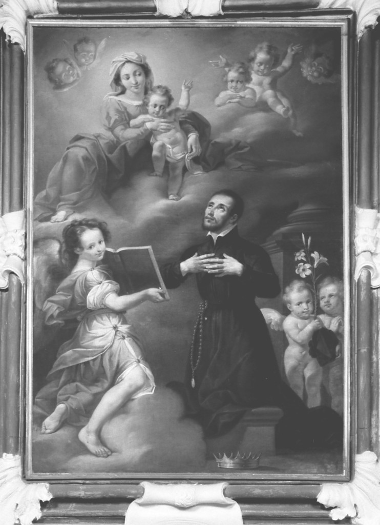 Madonna con bambino, San Gaetano e angeli (dipinto) di Manzini Luigi (metà sec. XIX)