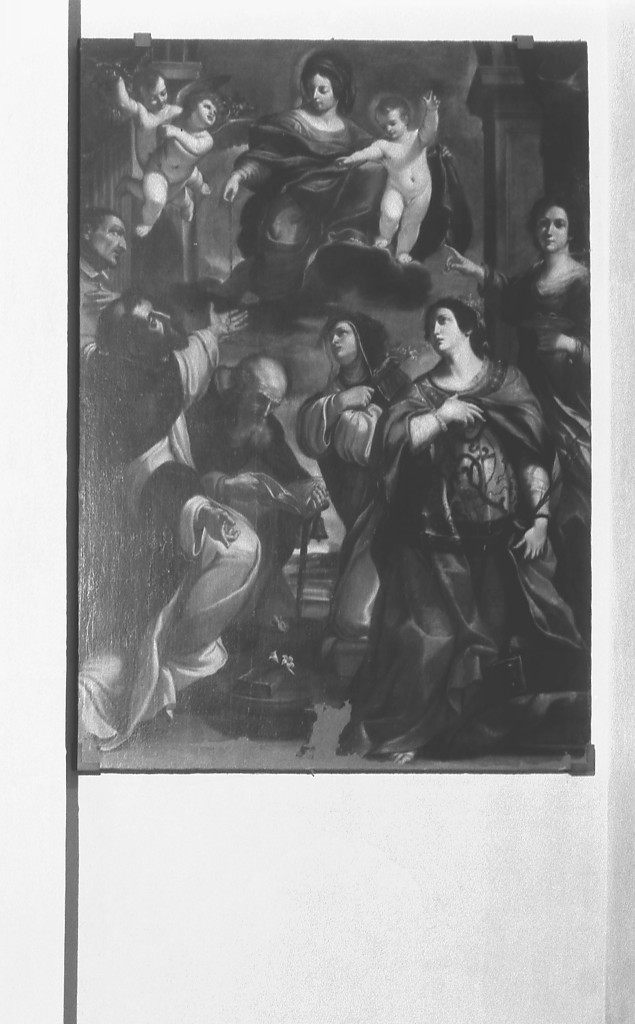 Madonna del Rosario con San Domenico, Santa Caterina, Sant'Antonio abate, San Carlo Borromeo, Santa Caterina d'Alessandria, Santa Lucia (dipinto) di Desani Pietro (attribuito) (prima metà sec. XVII)