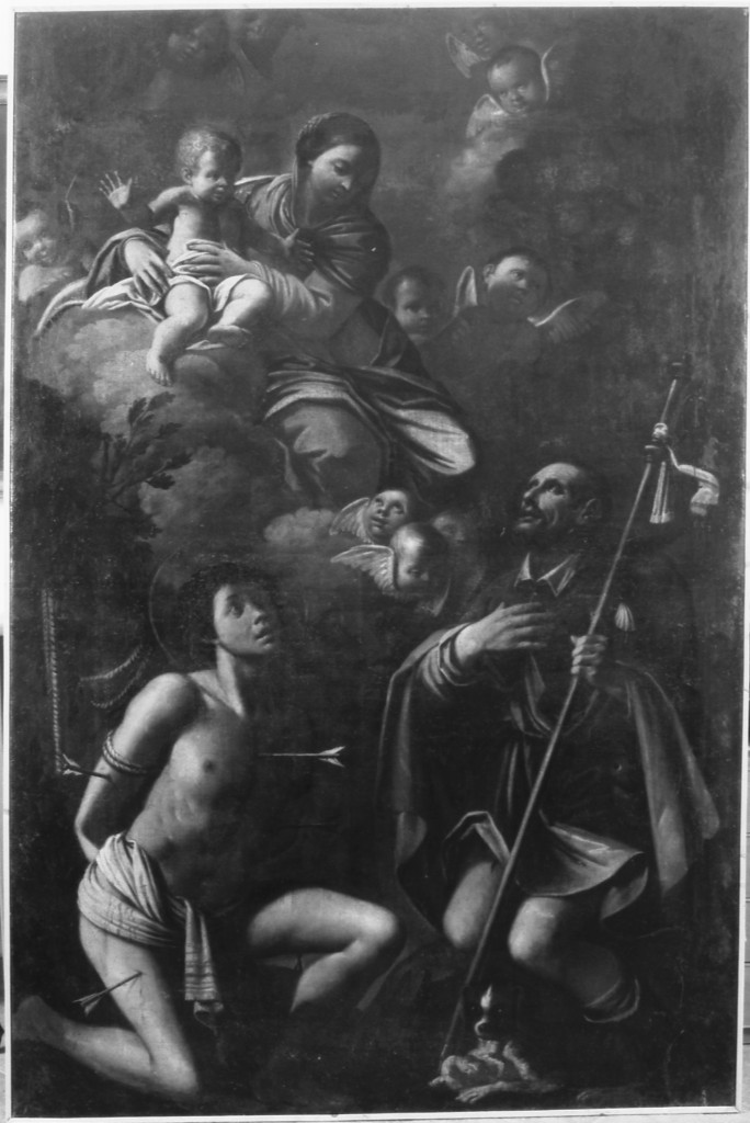 Madonna con bambino, San Rocco e San Sebastiano (dipinto) di Badalocchio Sisto (scuola) (sec. XVII)