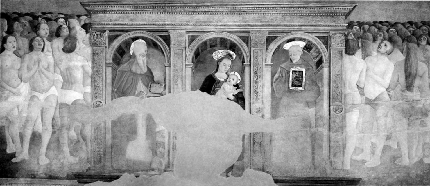 dossale marmoreo con Madonna con Bambino, San Girolamo e San Bernardino da Siena; risorti (dipinto, elemento d'insieme) di Genesini Cristoforo detto Cristoforo Canozzi da Lendinara (sec. XV)