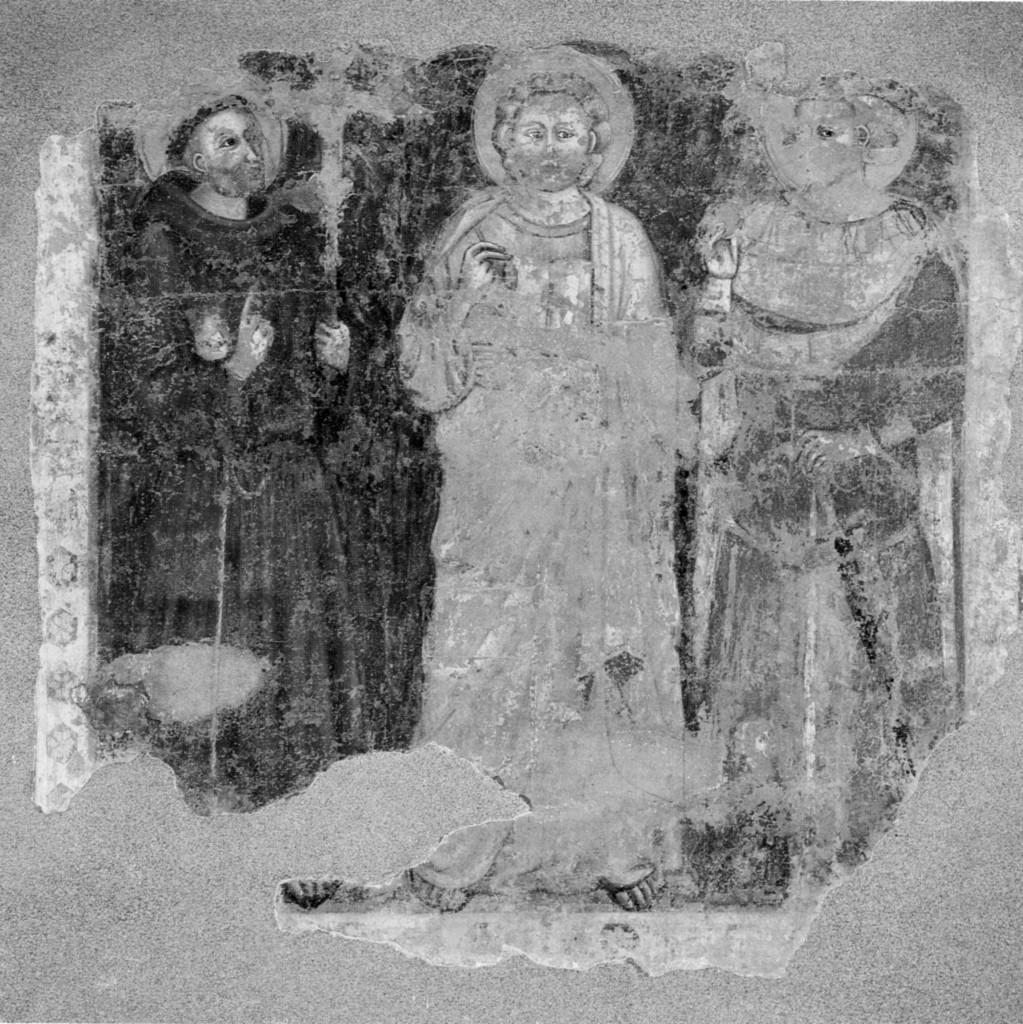 San Giovanni Evangelista, San Francesco, santo guerriero e un donatore (dipinto, frammento) - ambito Italia nord-orientale (sec. XIV)