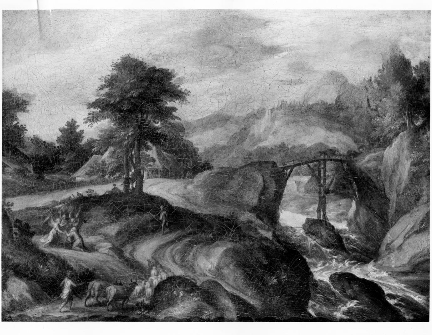 paesaggio con Elia nel deserto nutrito dagli angeli (dipinto) di Soens Jan (attribuito) (fine sec. XVI)