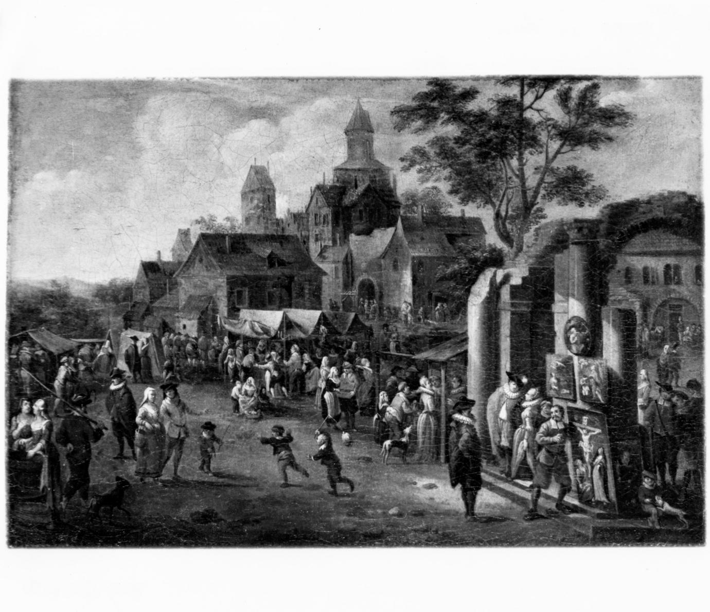 fiera con venditore di quadri (dipinto) di Schoevaerdts Mattys (fine sec. XVII)