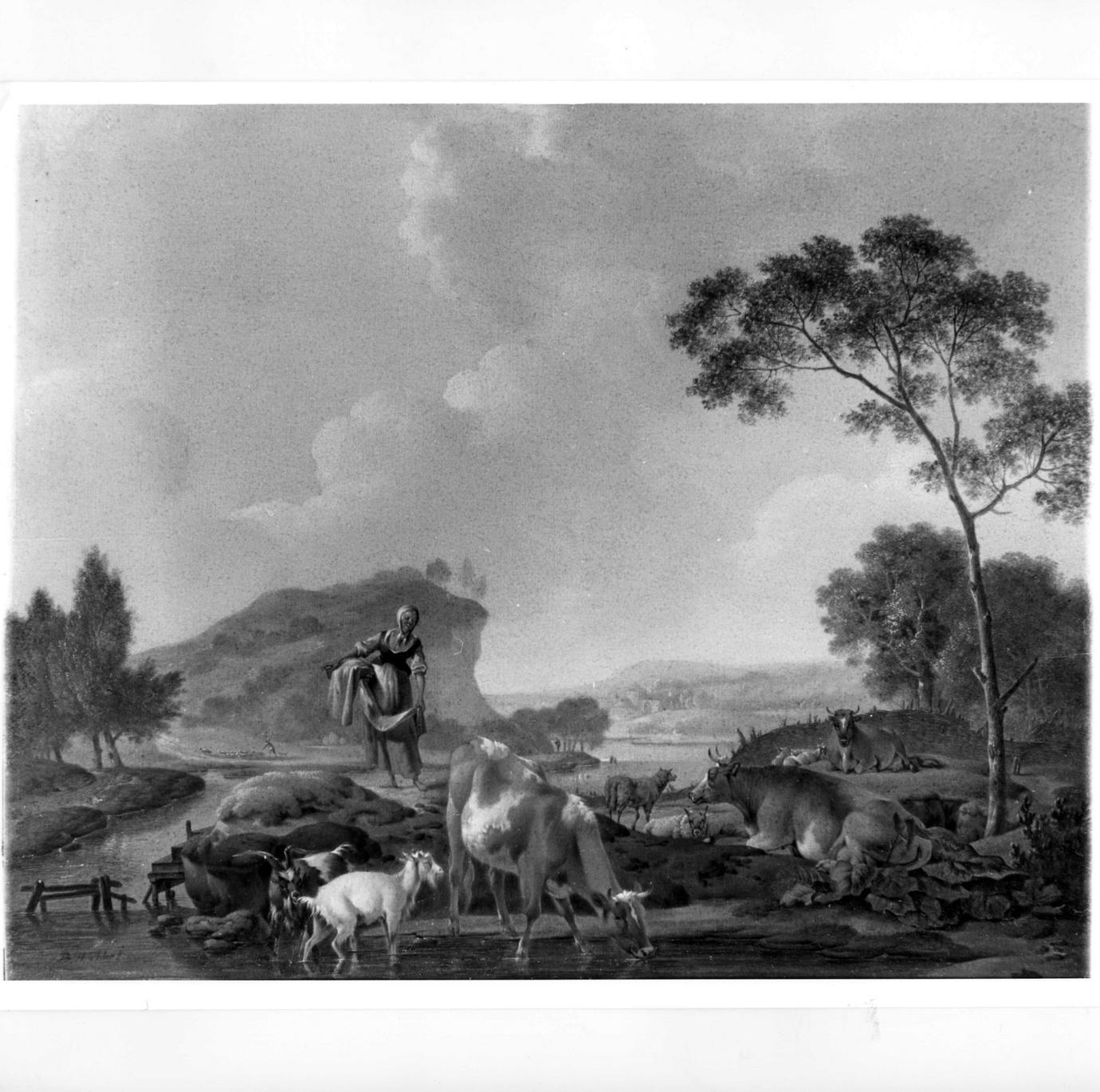 paesaggio con contadina, mucche e capre (dipinto) di Thier Barend Hendrik (inizio sec. XIX)