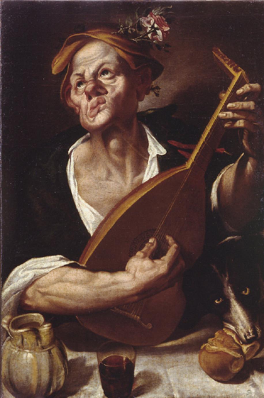 allegoria dei cinque sensi, contadino che suona il liuto (dipinto) di Passerotti Bartolomeo (sec. XVI)