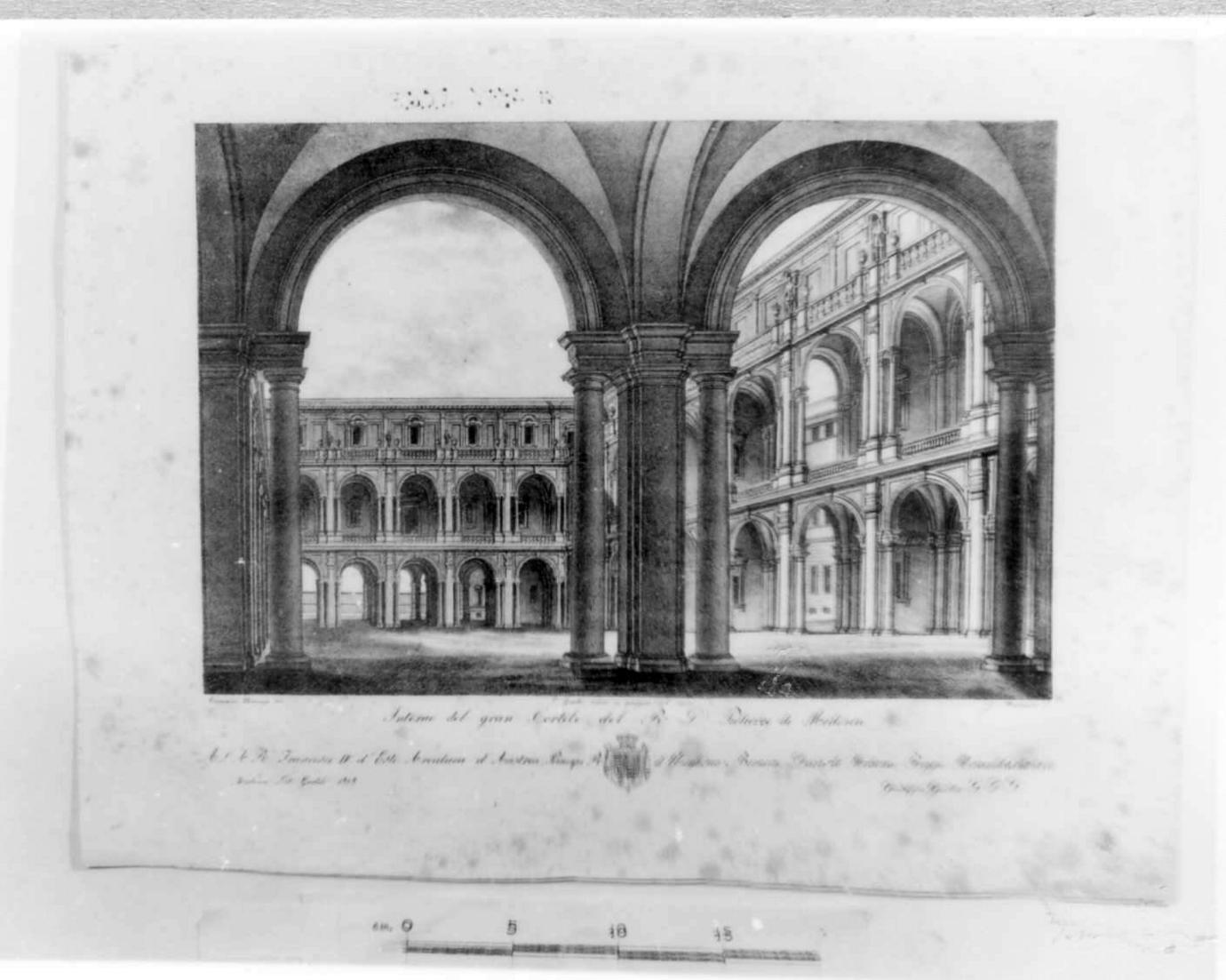 veduta del Gran Cortile del Palazzo Ducale di Modena (stampa) di Gaddi Giuseppe (sec. XIX)