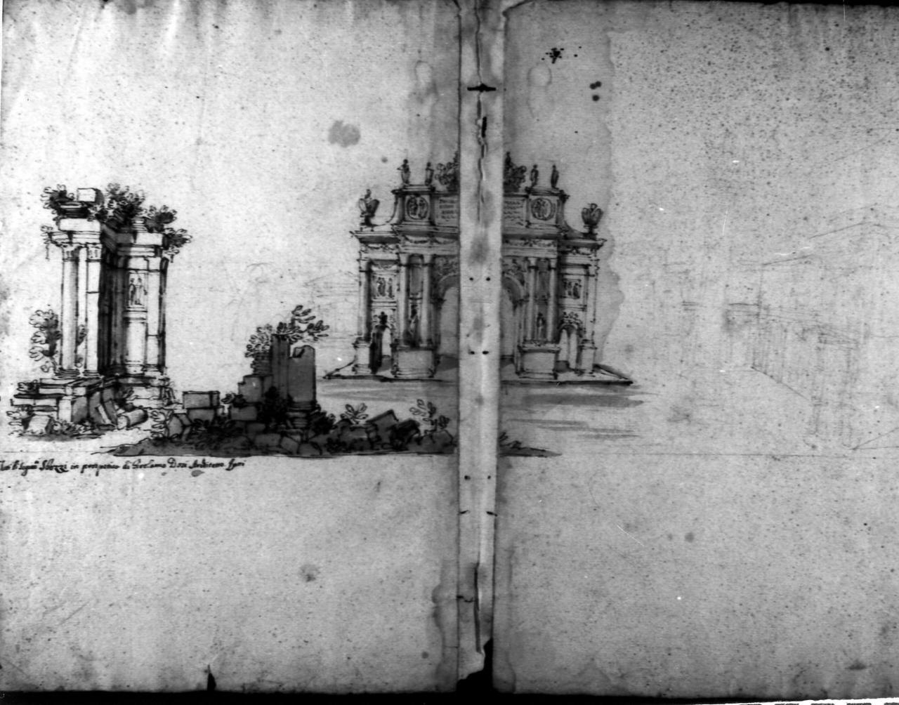 architettura con rovine antiche (disegno) di Dosi Girolamo (metà sec. XVIII)