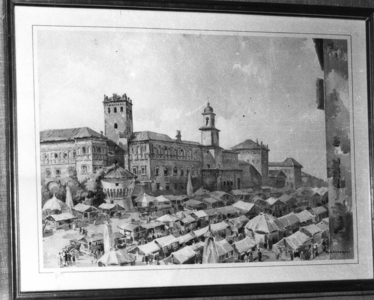 Piazza di Carpi in un giorno di mercato (disegno) di Salvarani Arcangelo (sec. XX)