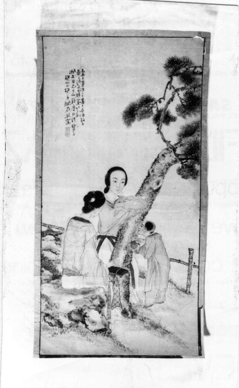 veduta orientale con donne sotto un pino (disegno) - ambito giapponese (inizio sec. XX)