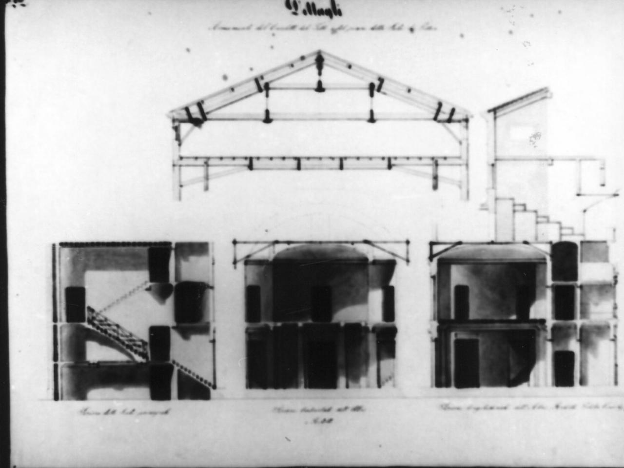 progetto di struttura del tetto e sezioni del Teatro (disegno) di Rossi Claudio (metà sec. XIX)