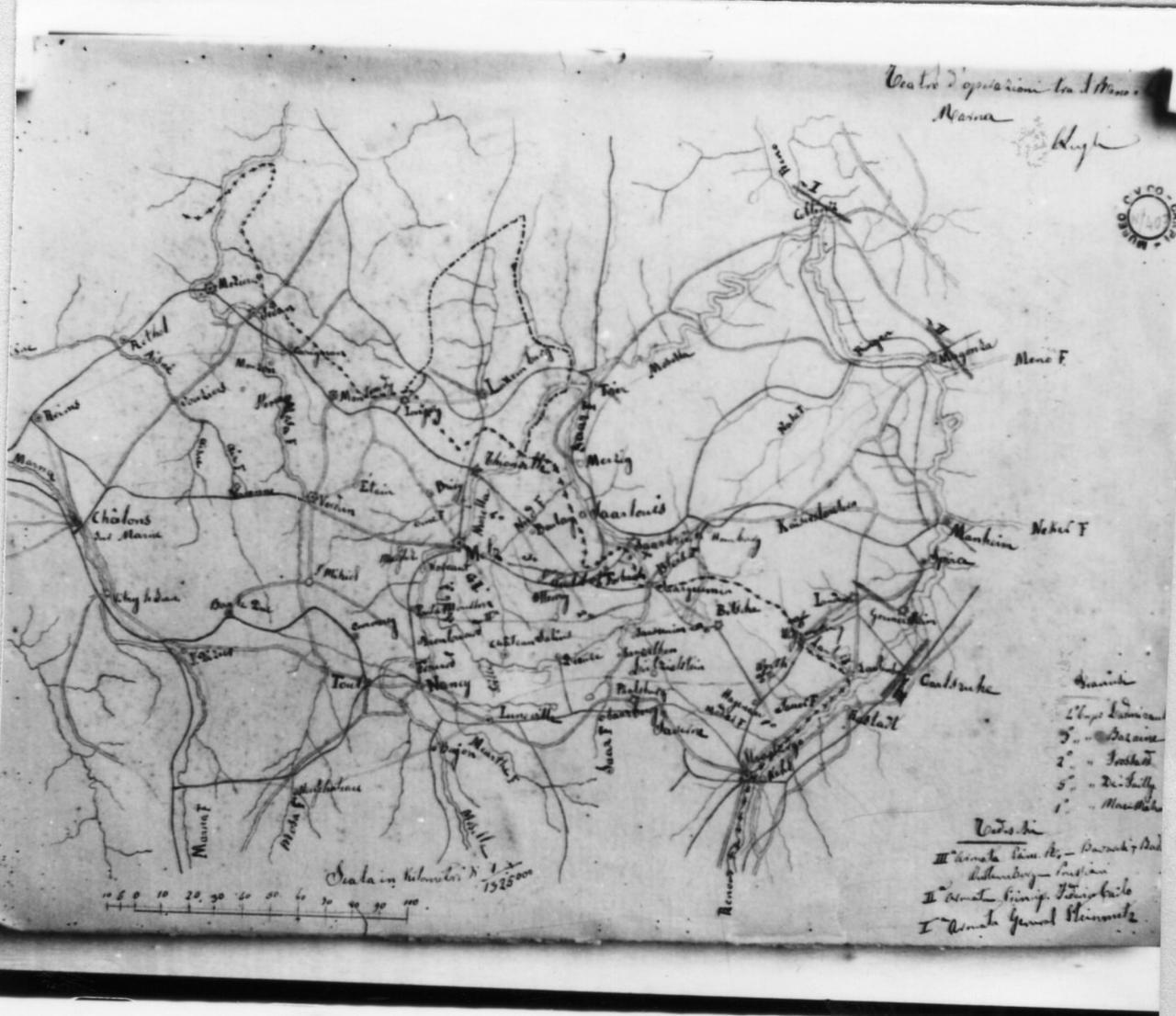mappa topografica tra il Reno e la Marna (disegno) di Lugli-Grisanti Olinto (seconda metà sec. XIX)