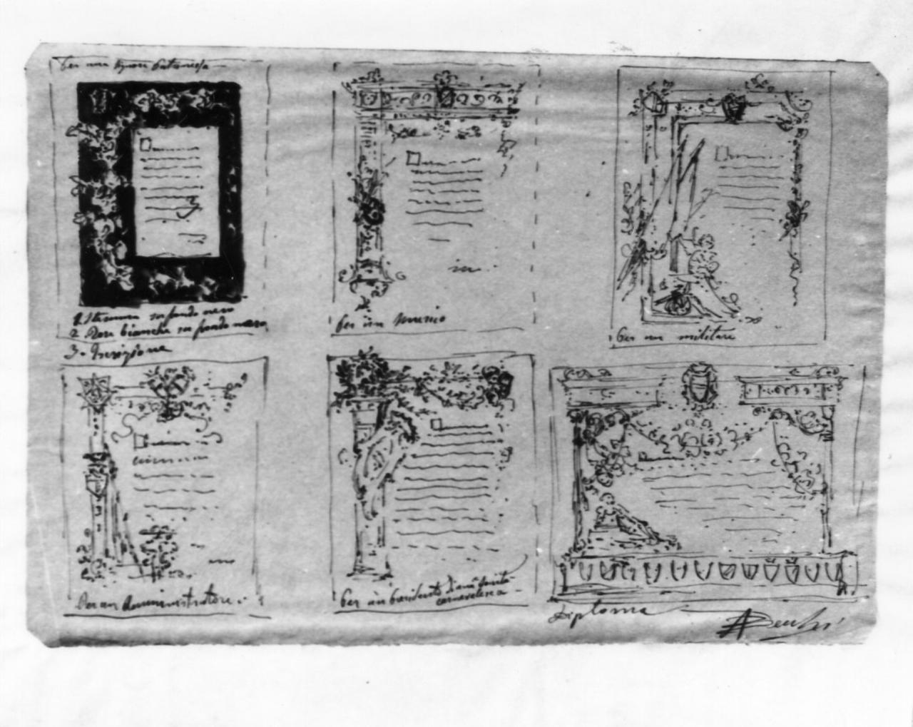 decorazioni di diplomi (disegno) di Becchi Andrea (seconda metà sec. XIX)