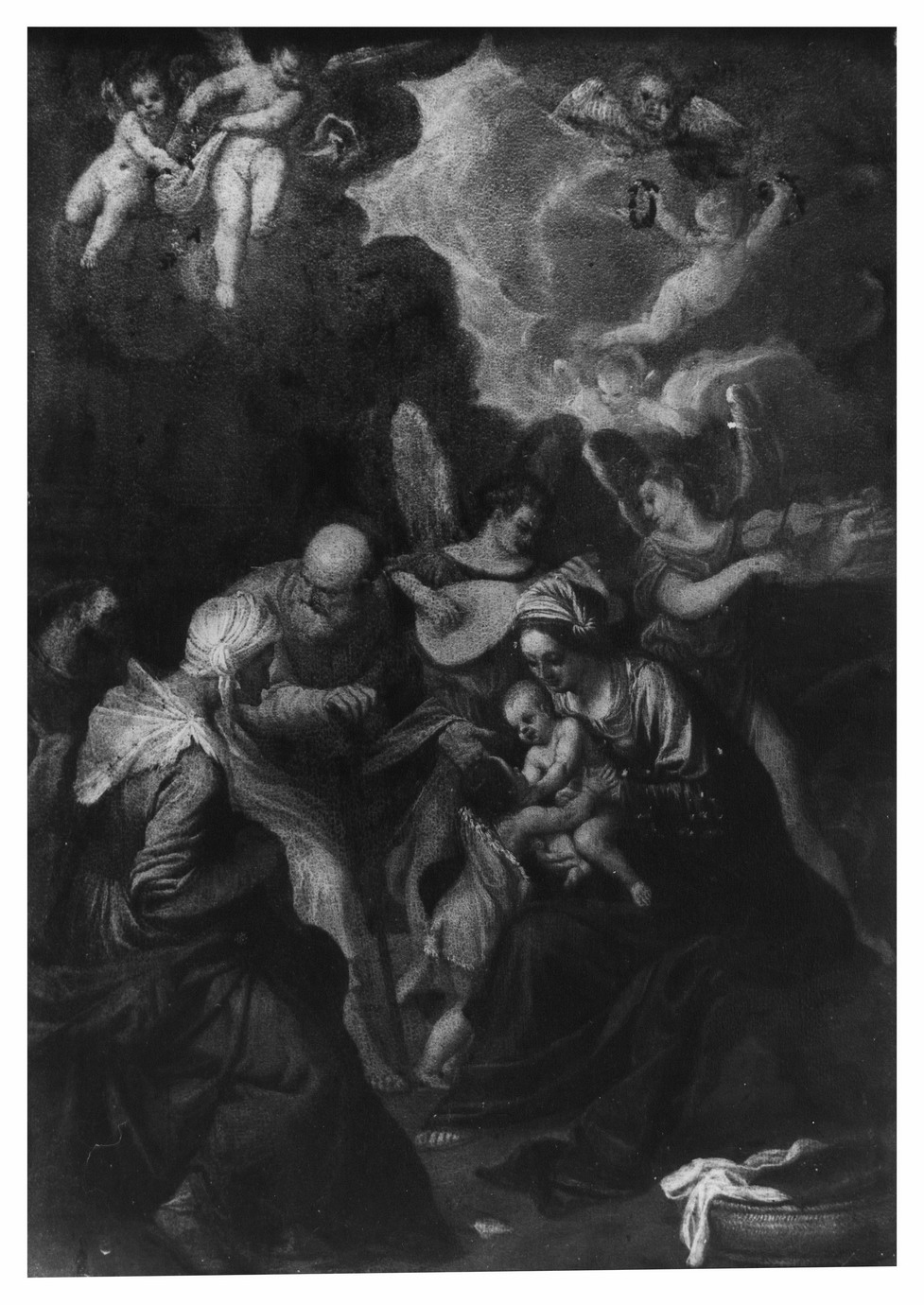 Sacra Famiglia con Sant'Anna, San Giovanni Battista bambino, San Francesco e angeli musicanti (dipinto) di Carracci Annibale (attribuito) (sec. XVI)