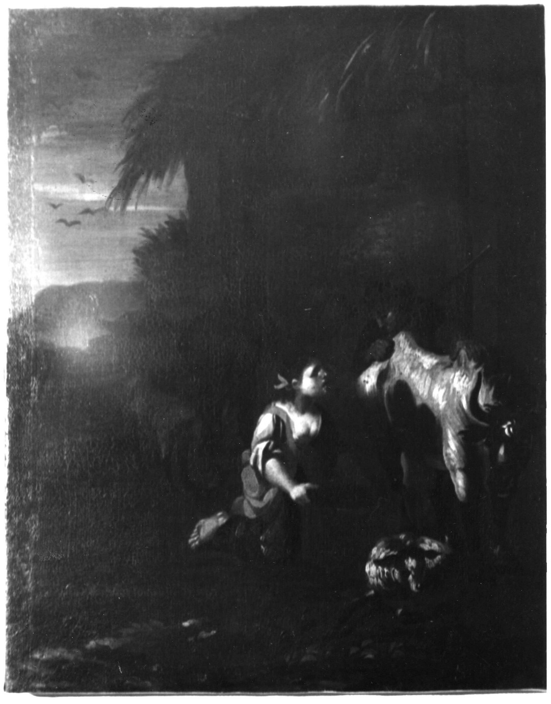 scena pastorale con donna che munge (dipinto) - ambito ferrarese (prima metà sec. XVII)