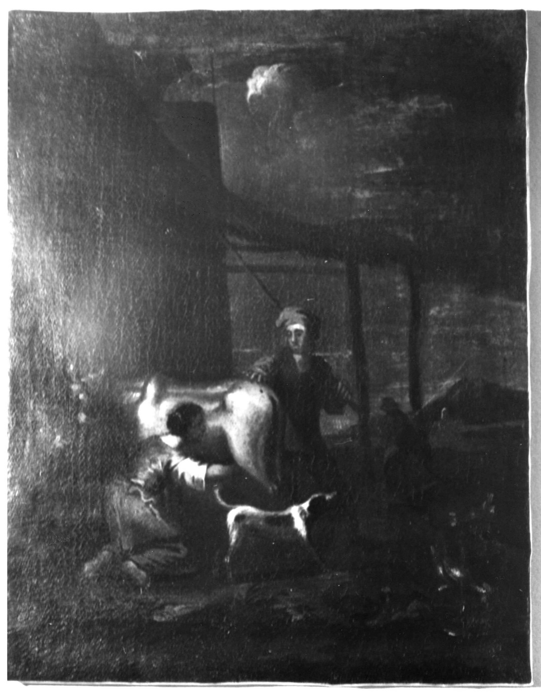 scena pastorale con donna che munge e cane (dipinto) - ambito ferrarese (prima metà sec. XVII)