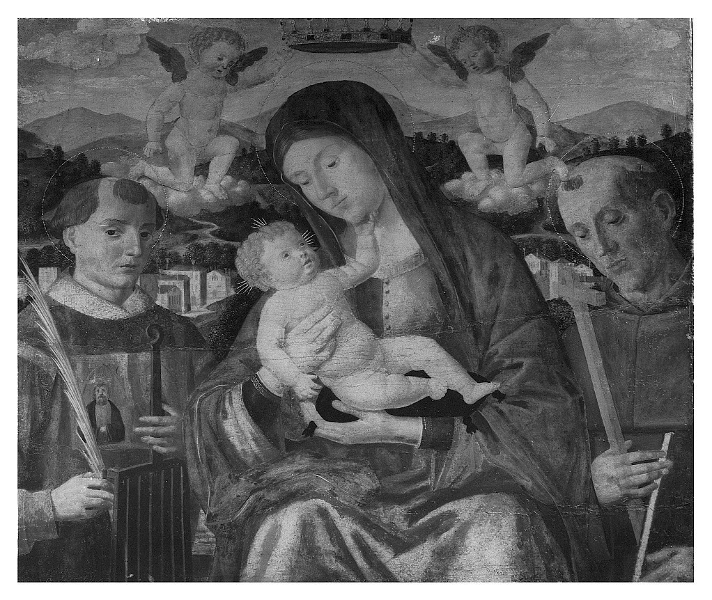 Madonna con Bambino e i santi Lorenzo e Francesco d'Assisi, Madonna con Bambino e Santi (dipinto, opera isolata) di Mansueti Giovanni (sec. XVI)
