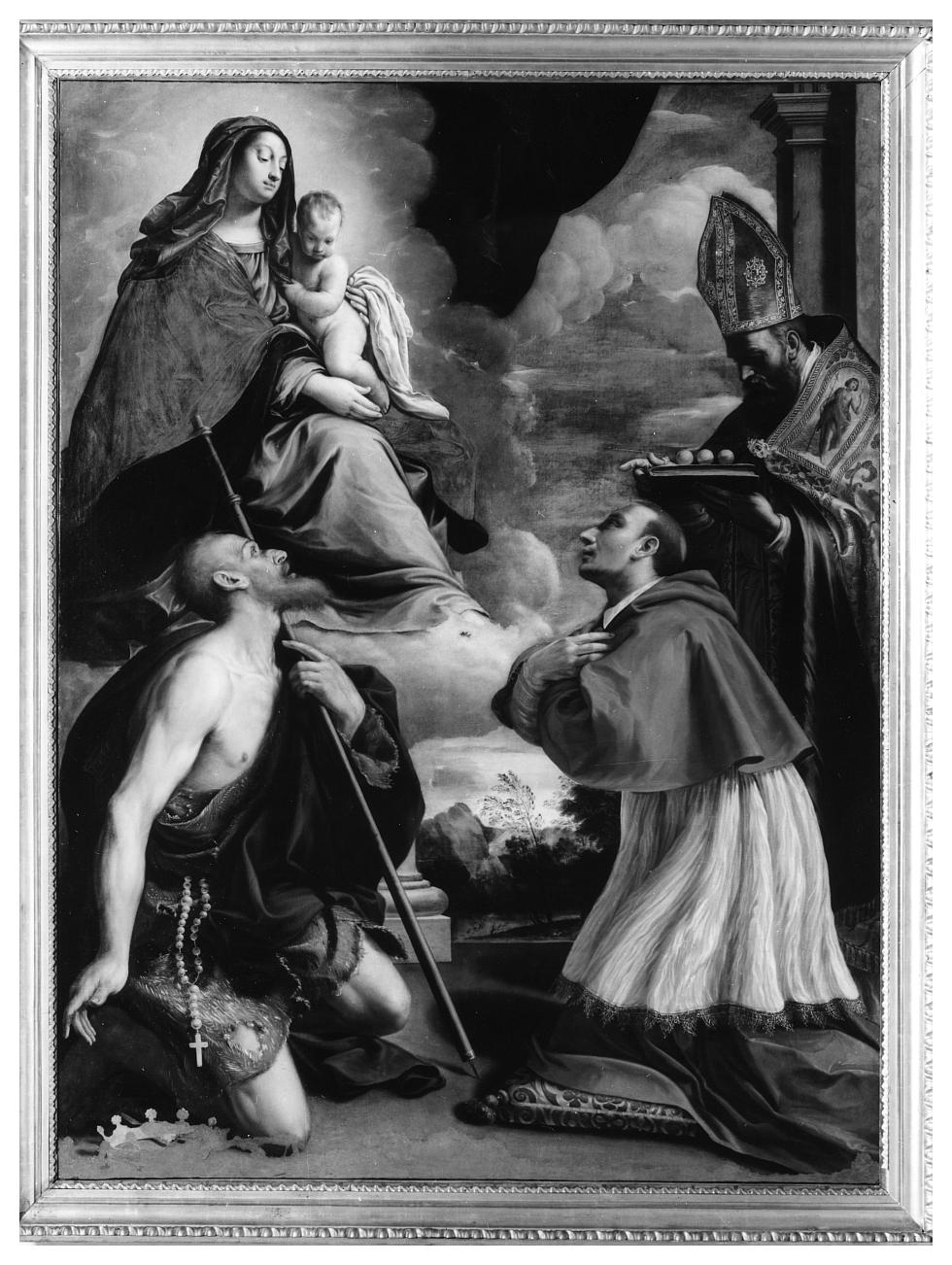 La Madonna con Bambino e i santi Pellegrino, Carlo Borromeo e Nicola da Bari, Madonna con Bambino e Santi (dipinto, opera isolata) di Pesari Giovanni Battista (prima metà sec. XVII)