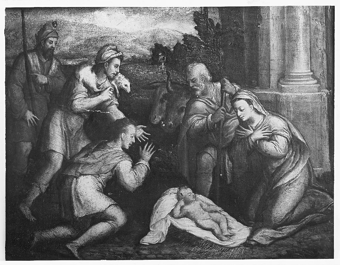 Adorazione dei pastori, adorazione dei pastori (lastra, opera isolata) di Filippi Sebastiano detto Bastianino, Filippi Camillo (sec. XVI)
