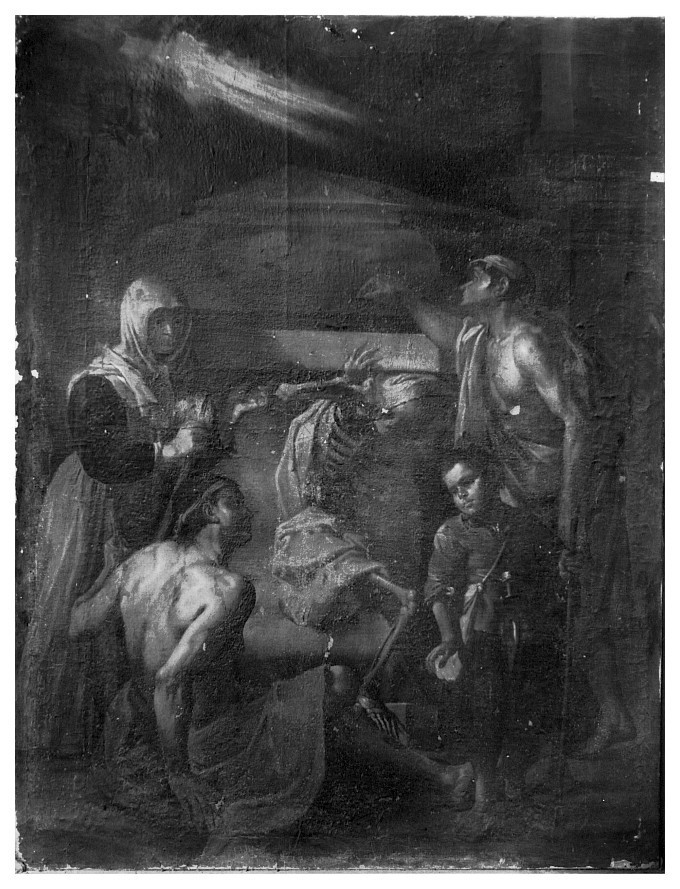 Figure intorno a una tomba con uno scheletro (dipinto, opera isolata) di Stringa Francesco (seconda metà sec. XVII)