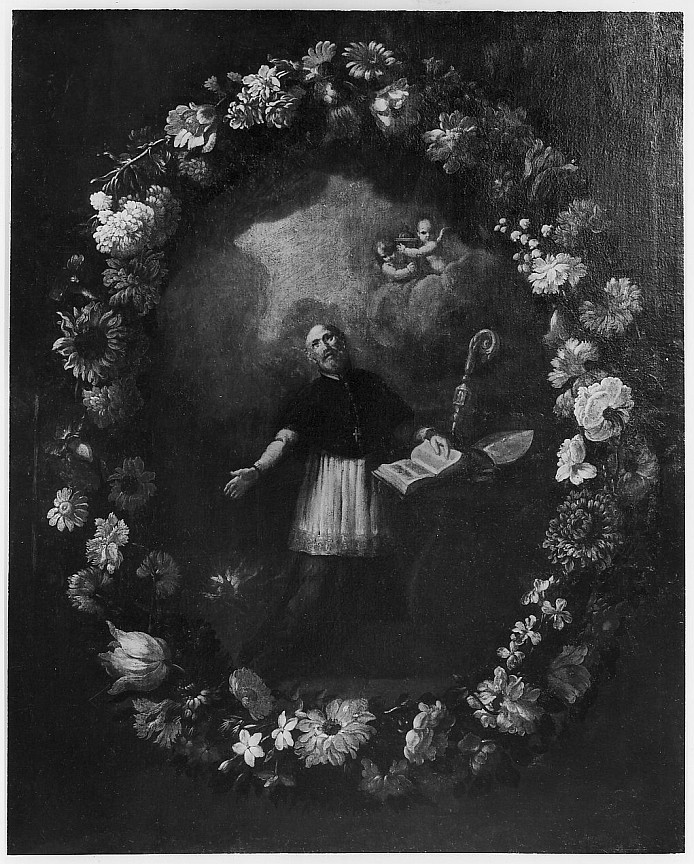 Vescovo entro una ghirlanda di fiori, vescovo (dipinto, serie) di Cittadini Pietro Francesco detto Milanese (cerchia) (fine/inizio secc. XVII/ XVIII)