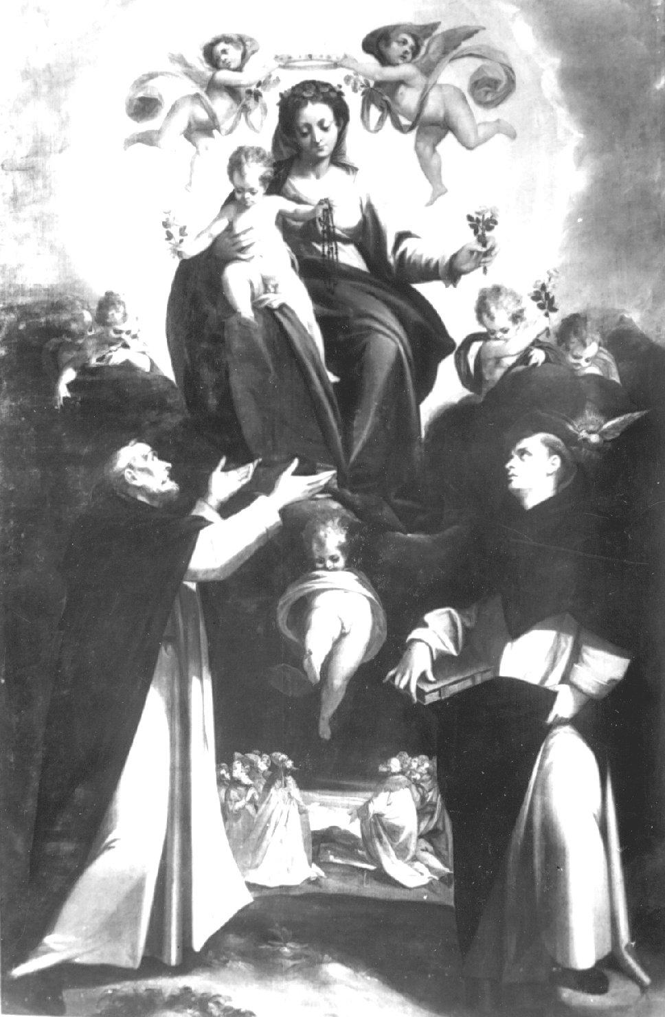 Madona del Rosario con San Domenico e San Tommaso d'Aquino (dipinto) di Madonnina Francesco (attribuito) (seconda metà sec. XVI)