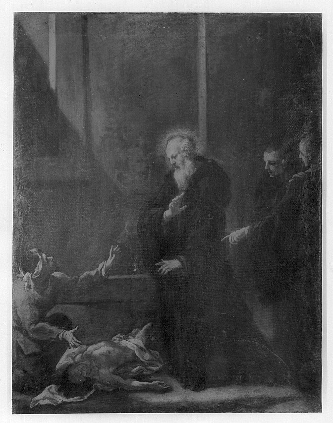 Scena con santo frate, cadavere e varie figure, Miracolo (dipinto, opera isolata) - ambito emiliano-lombardo (seconda metà sec. XVII)
