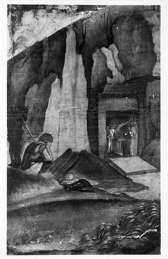 Sepolcro di Cristo con una guardia dormiente, apparizione di Cristo risorto a Santa Maria Maddalena (dipinto, frammento) di Bianchi Ferrari Francesco (sec. XV)