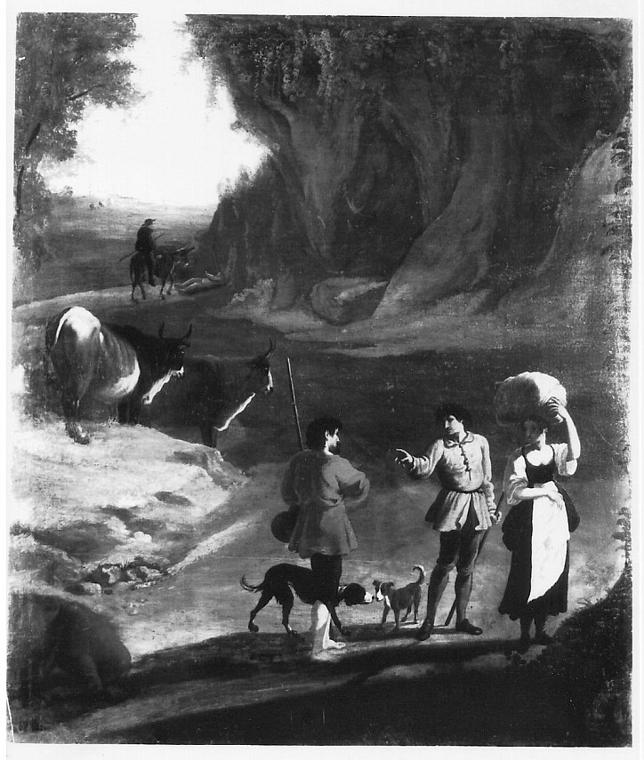 Scena campestre, scena campestre con figure (dipinto, opera isolata) - ambito italiano (sec. XVII)