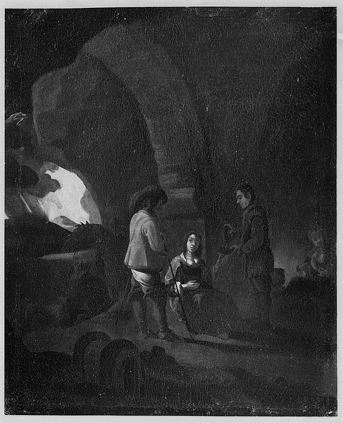 Donna seduta con una coppia di uomini, bambocciata (dipinto, opera isolata) - ambito lombardo (prima metà sec. XVII)