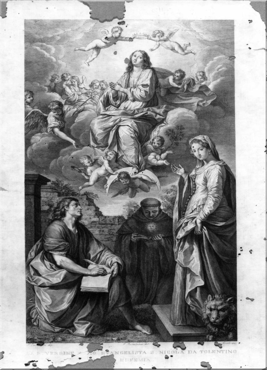 Madonna Immacolata e Santi (stampa, elemento d'insieme) di Asioli Giuseppe, Rosaspina Francesco, Cantarini Simone detto Pesarese (sec. XIX)