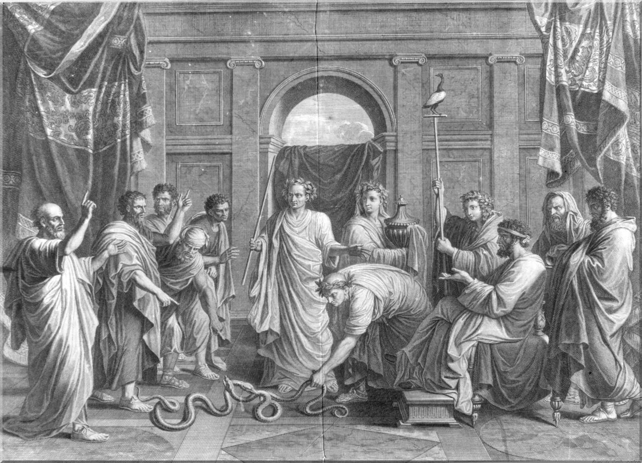Aronne con Mosè davanti al faraone trasforma la verga in serpente (stampa tagliata) di Poussin Nicolas, Poilly François de (sec. XVII)
