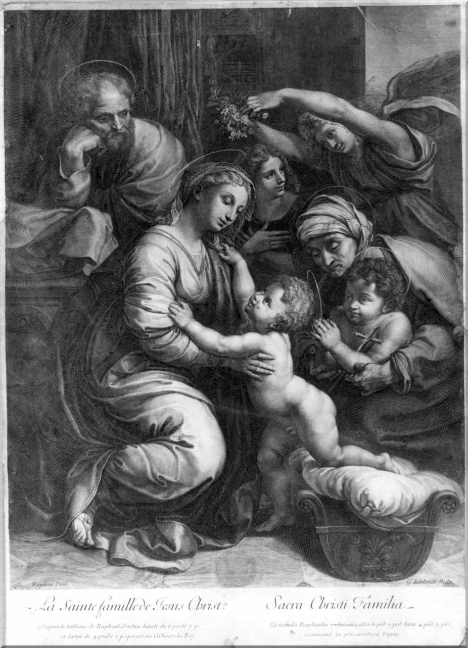 Sacra Famiglia di Francesco I, Sacra Famiglia con San Giovannino e Sant'Elisabetta (stampa smarginata) di Sanzio Raffaello, Edelinck Gerard (ultimo quarto sec. XVII)