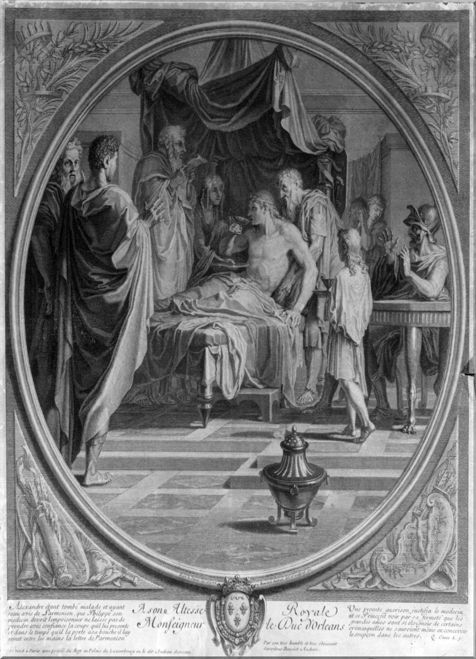 Alessandro Magno e il suo medico Filippo (stampa smarginata) di Le Sueur Eustache, Audran Benoit (sec. XVIII)