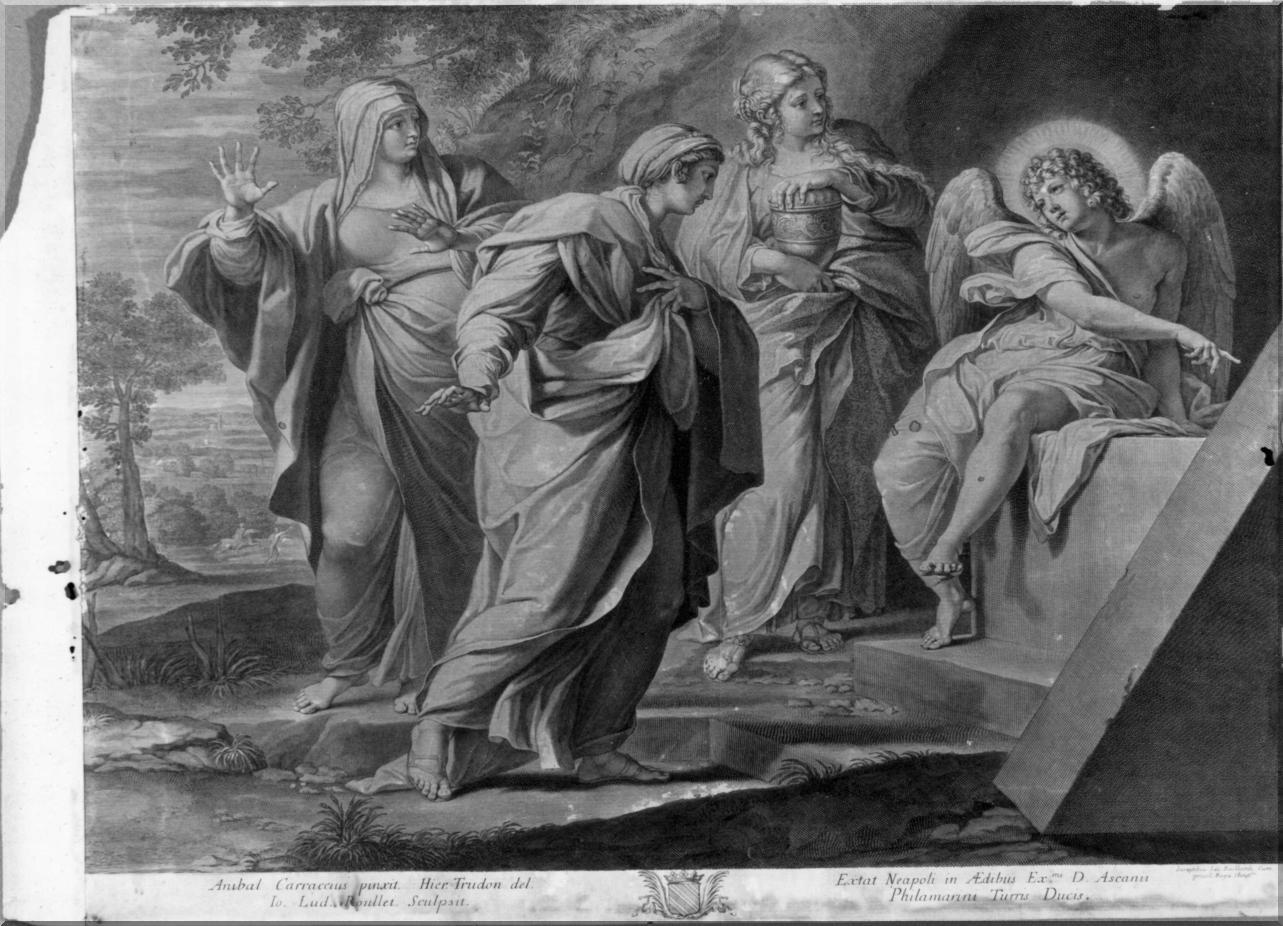 angelo annuncia la resurrezione alle pie donne (stampa tagliata) di Trudon Jerome, Carracci Annibale, Roullet Jean Louis (sec. XVII)